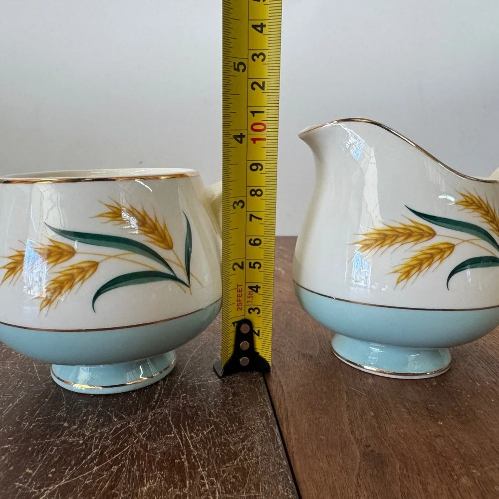Vintage Creamer and Sugar Bowl Set Golden Wheat‎ Blue Base Gold Trim MCM
